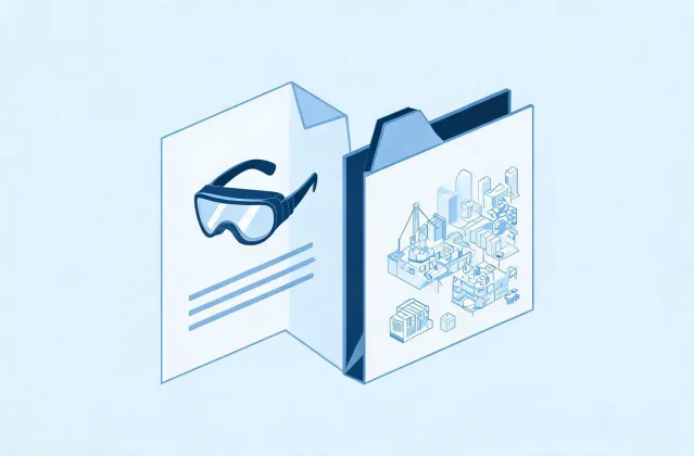 Illustration of a safety eyewear brief handing off to a quotation folder