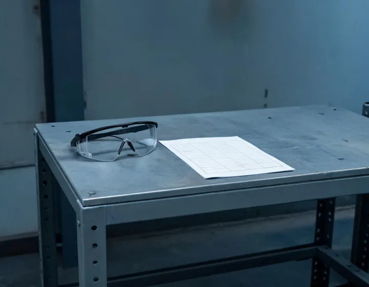 Unlabeled safety eyewear on a PPE intake bench