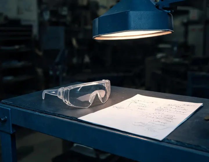 Prescription safety eyewear brief beside a fabrication workbench sketch