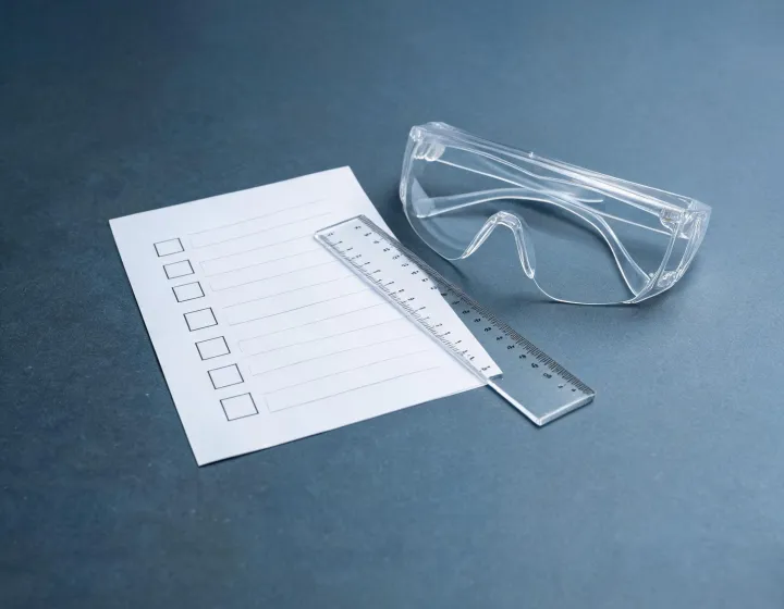 Safety eyewear glasses specification checklist on a desk